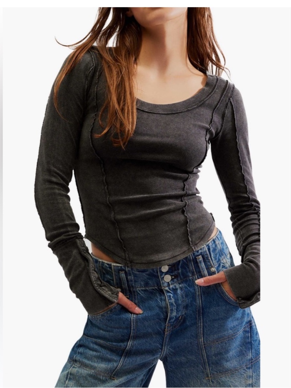 Free People Stuck On You Long Sleeve Ribbed Snap Cuff Knit Top In Black